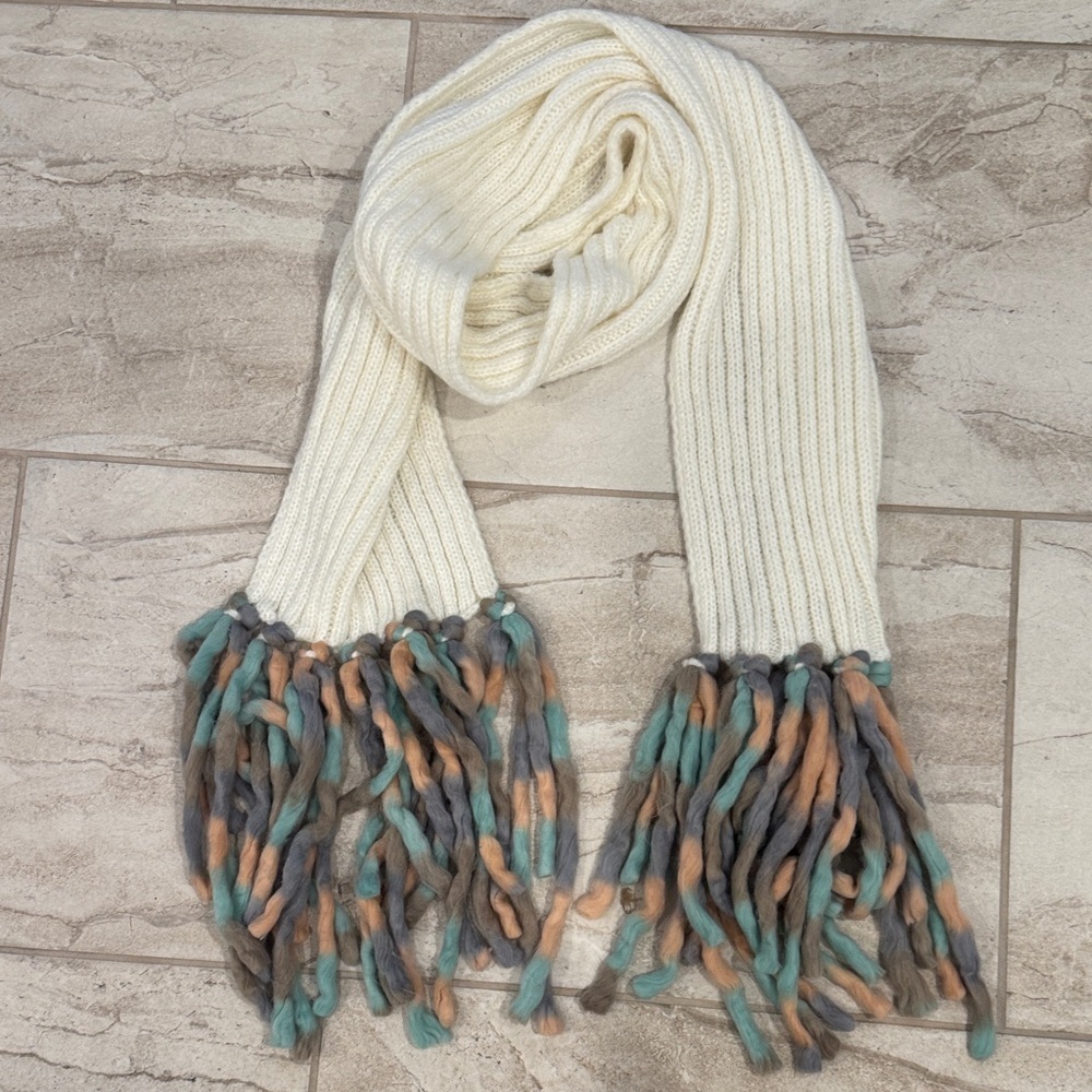 Steve Madden Cream Scarf with Green and Brown Fringe - Picture 3 of 6